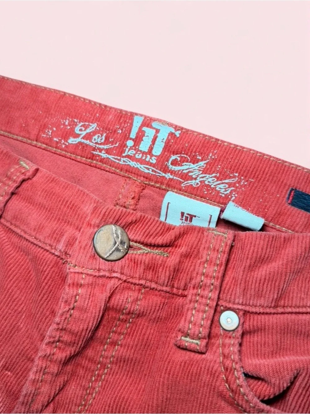 ! iT Jeans Belle Y2K Coral Red Orange Corduroy Bell Bottom Pants Sz 28 Vintage